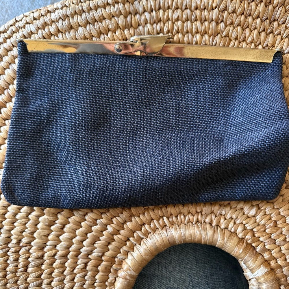 Vintage Etra Navy Blue Clutch with Goldtone Trim and Chain